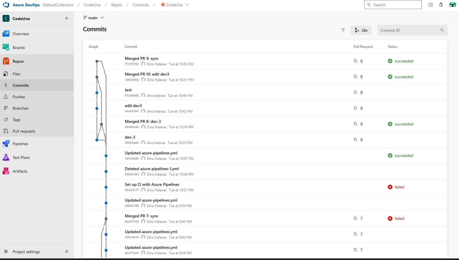 CodeUna Azure Repos commit history with merge entries and pipeline statuses